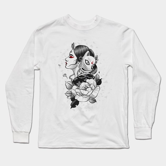 Traditional  black and white Japanese illustration of woman with a kitsune mask and flower Long Sleeve T-Shirt by BlindVibes